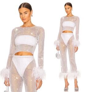 Santa Brands Rhinestone Crystal Embellishment Feathers Sheer White Top Size M/L